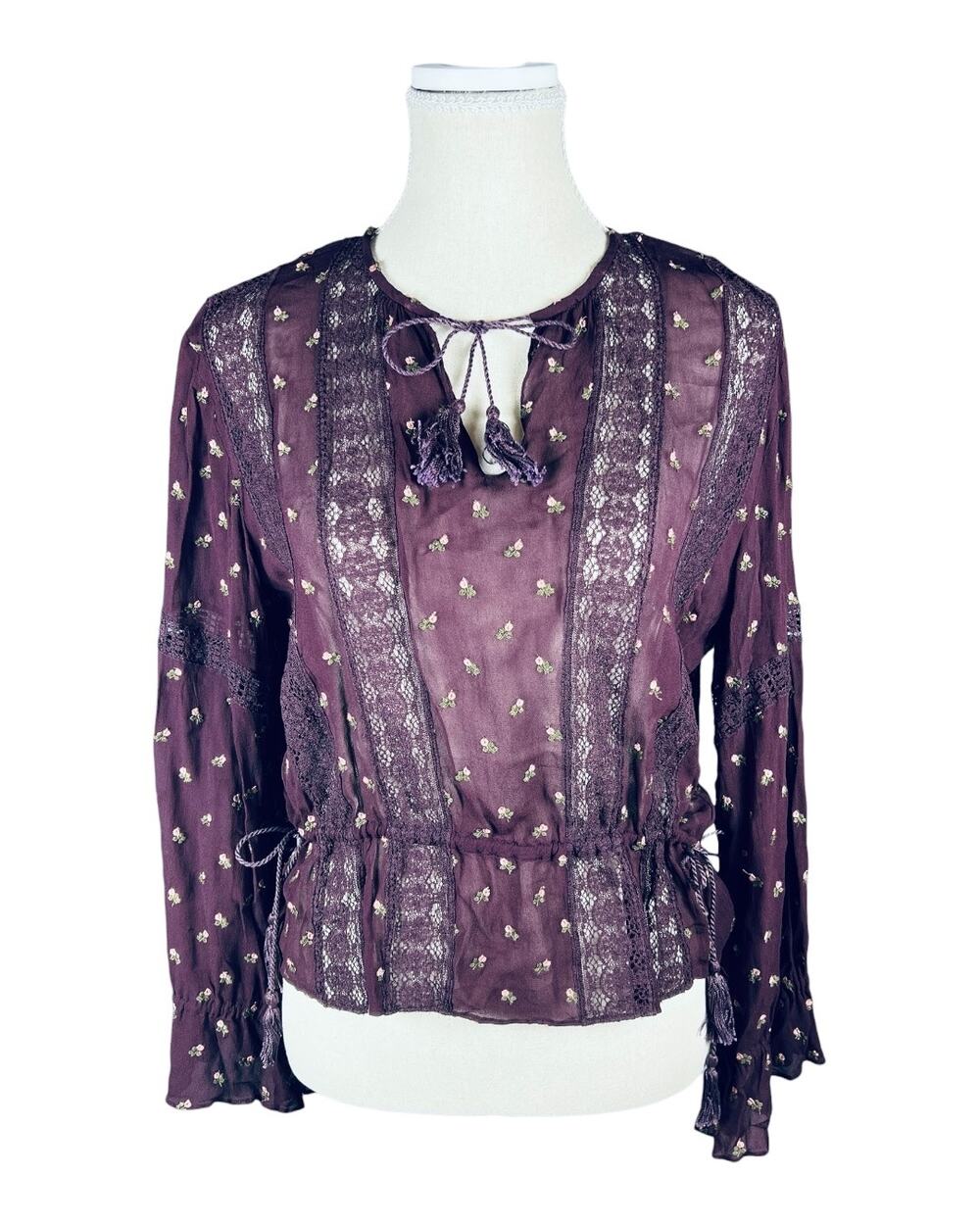 Ulla Johnson Magdalena Bordeaux Floral Embroidered Lace Blouse Top Size 2